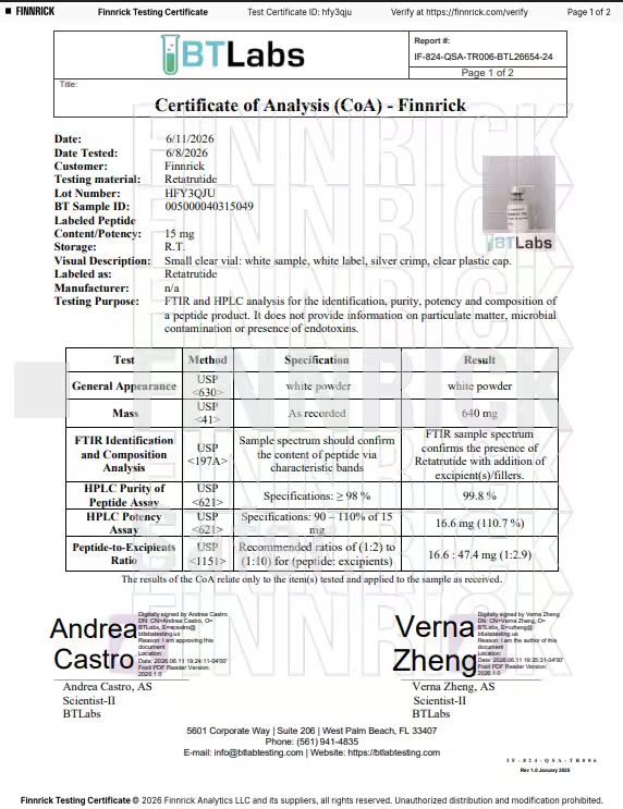 Retatrutide 15mg certificate of analysis